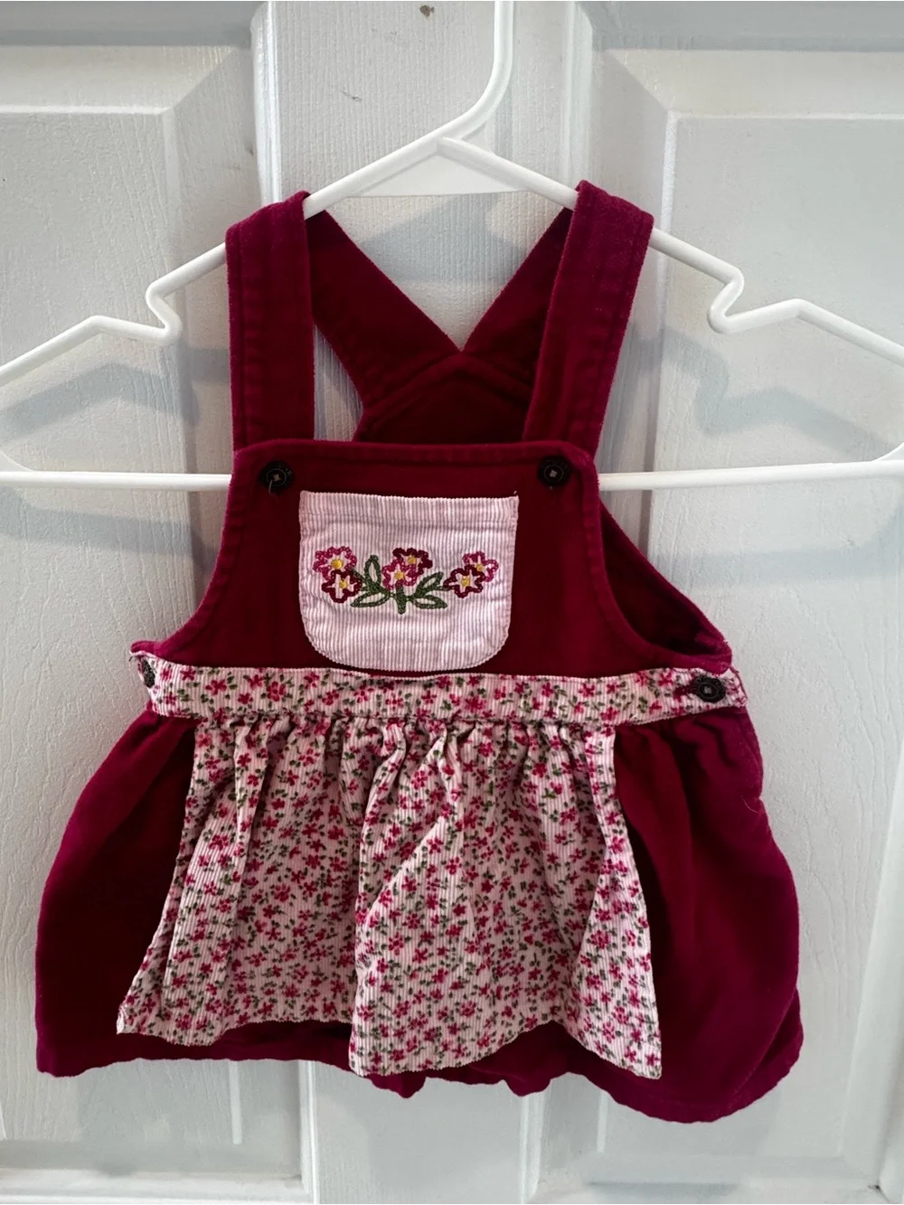 Girls Floral Corduroy Overall Dress - Burgundy & Pink